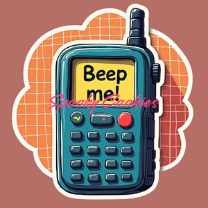 May include: A teal walkie-talkie sticker with the words "Beep me!" on the screen. The sticker is outlined in white and set against a peach-colored background with an orange grid pattern.