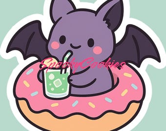 Pegatina Kawaii de murciélago con flotador de donut y refresco de melón – Pegatina/imán de vinilo gótico veraniego y adorable
