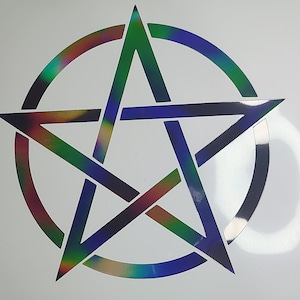 May include: A five-pointed star with a circle around it. The star and circle are iridescent with shades of blue, green, red, and purple.