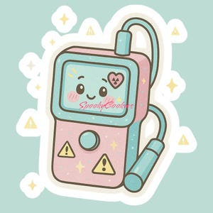 May include: A pink and blue cartoon Geiger counter with a cute face and a heart on the screen. The counter has a black button and a warning sign on the side. The counter is surrounded by sparkly stars.