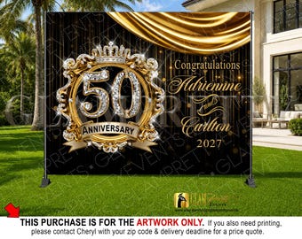 50th Anniversary Backdrop, Black & Gold 10ftx8ft backdrop, Golden Anniversary, 50th Birthday, Diamonds, Event Party Décor - Style: EMBLEM