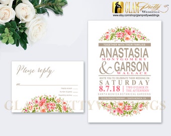 Pink Flowers Wedding Invitaton & RSVP Floral Bouquet Outdoor Country Garden Flowers Summer Spring Rustic - PRINTABLE File - Style Name: ANA