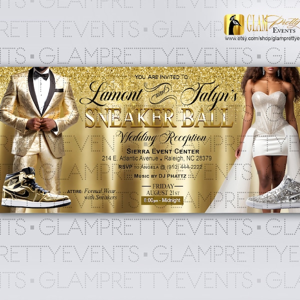 Wedding Dress, Gold White Brocade Tuxedo, Wedding Reception Sneaker Ball Invitation, Sneaker Ball Gala Prom Sendoff Event - Style: FALYN