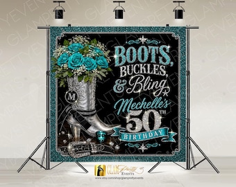 CUSTOM for Mechelle - PDF 300dpi artwork for 8ftx8ft Teal Black Silver Western theme backdrop, Boots Buckles & Bling Line Dancing Backdrop