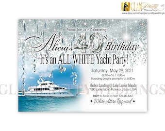All White Birthday Yacht Party Invitation Silver White Glitter Diamond Numbers Invitation -  Printable or Printed File - Style Name: ALICIA