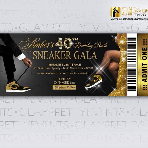 Sneaker Gala Black Gold Event Tickets, Black and Gold Sneaker Ball Flyer Birthday Party tickets - Choose Your Colors - Style Name: LARISA