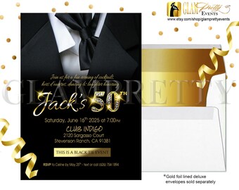 Black and Gold Tuxedo 50th Birthday Elegant Invitation - Men's Any Age Black Tie Bling Party Invitation - Printable or Printed - Style: JACK