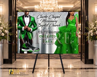 Church Anniversary Sneaker Gala Welcome Sign, Pastor Appreciation, Pastoral Anniversary, Green Silver Sneaker Ball poster - Style: FALYNN