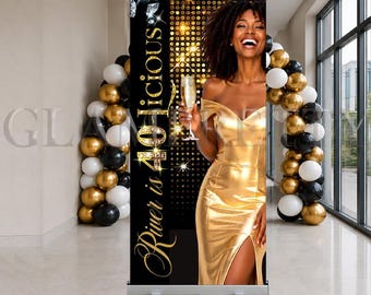 Gold and Black 40-Licious Birthday Retractable Banner, Artwork for Banner, Prom, Birthday, Quinceañera, Event Party Décor - Style: RIVER