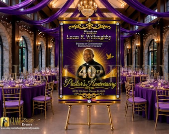 Pastor Appreciation Welcome Sign, Pastoral Anniversary, Purple Gold Pastor Banquet Sign, Church Bishop Celebration poster - Style: PASTOR