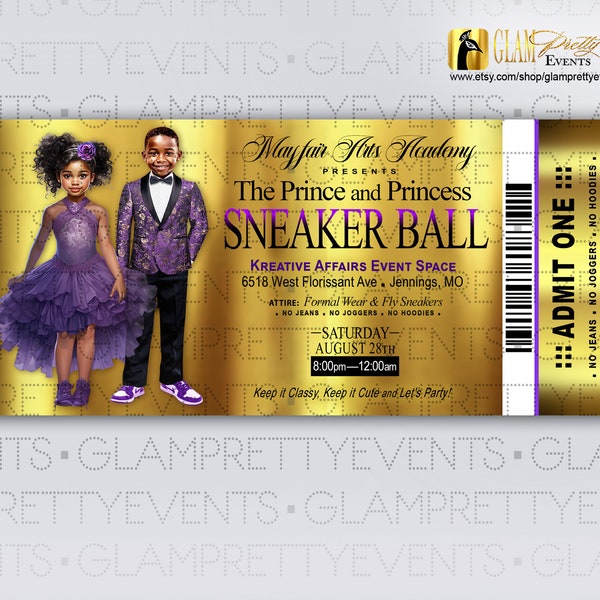 Sneaker Ball Party for Kids Purple Lilac Gold Ticket Style Invitation - Boys and Girls Sneaker Flyer - Choose your colors - Style: TAMRA