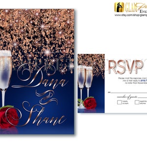 Navy Blue Rose Gold Wedding Invitation and RSVP card Glitter Champagne & Roses Royal Blue -  Printable File - Style Name: ALICIA