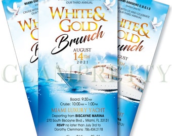 Day Time Brunch Yacht White & Gold Ocean Cruise Invitation - Birthday Prom Church Event Lake Cruise  -  Printable or Printed - Style: MARCO