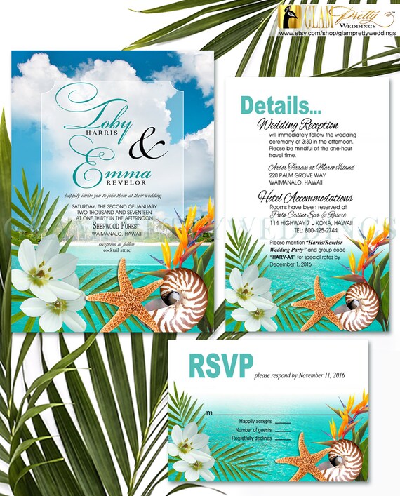 Starfish Nautilus Beach Wedding Plumeria Frangipani Invitation Etsy