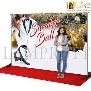 Black, Gold & White Sneaker Ball Backdrop - 10ft wide x 8ft high Tuxedo Jordans Bling Step and Repeat Banner - PRINTABLE - Style: CHELSEA