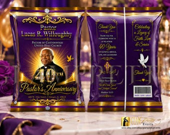 Pastor Appreciation Chip Bag Party Favor, Pastoral Anniversary, Purple Gold Pastor Church Bishop Celebration Event Décor  - Style: PASTOR