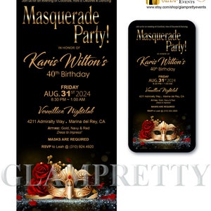 Black and Rose Gold Masquerade Any Age Birthday Invitation Venetian Mask Costume Party - PRINTABLE or Text-Ready Digital - Style Name: KARIS