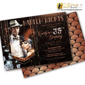 Peut inclure: Une carte d'invitation d'anniversaire rectangulaire avec un motif en &eacute;ventail art d&eacute;co noir et cuivre. Le texte indique Harlem Nights, Carlysa's 35th Birthday, August 12, 2025, et Speakeasy 450. Elle pr&eacute;sente une illustration d'une personne en fedora et d'une personne avec une coiffe &agrave; plumes.