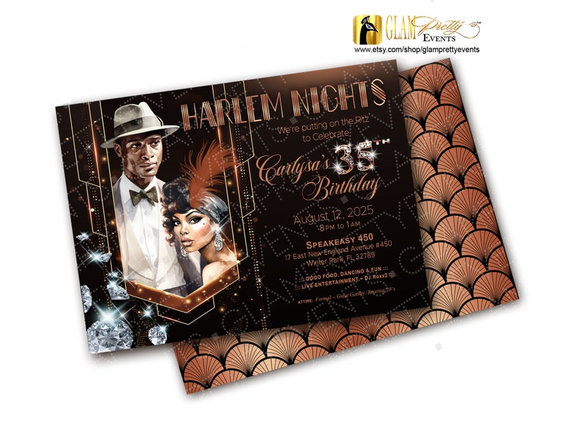 Peut inclure: Une carte d'invitation d'anniversaire rectangulaire avec un motif en &eacute;ventail art d&eacute;co noir et cuivre. Le texte indique Harlem Nights, Carlysa's 35th Birthday, August 12, 2025, et Speakeasy 450. Elle pr&eacute;sente une illustration d'une personne en fedora et d'une personne avec une coiffe &agrave; plumes.