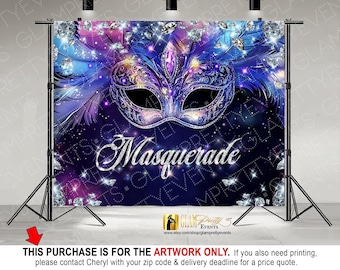 Bejeweled Masquerade Bling Backdrop artwork, Diamonds and Jewels Mardi Gras Theme Party Backdrop, Blue and Purple Mask - Style Name: JEWEL