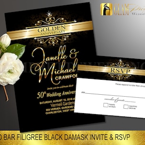 Black and Gold Faux Foil 50th Wedding Anniversary Invitation & RSVP card Filigree Black Damask - Digital PRINTABLE File - Style: GILLIAN