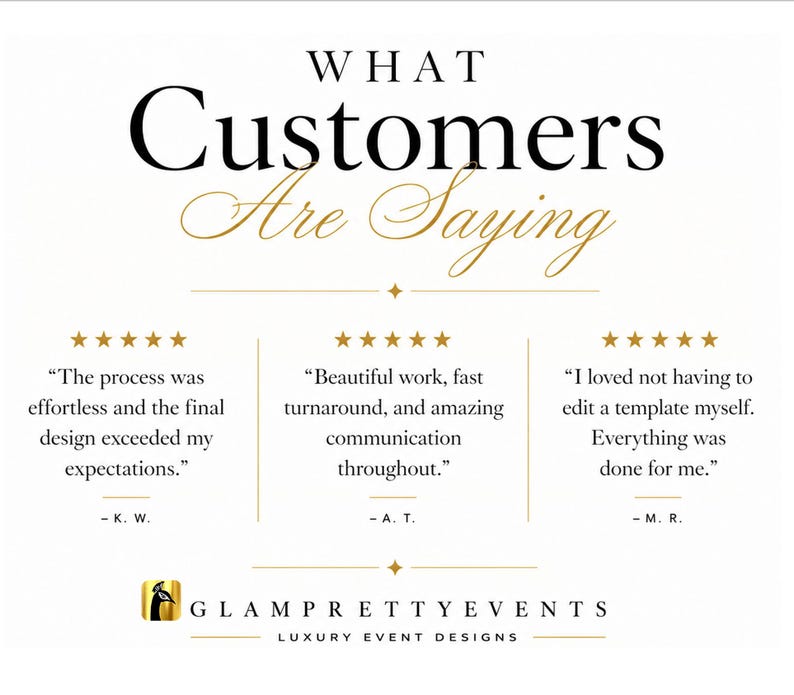 Peut inclure: Un affichage graphique blanc intitul&eacute; WHAT Customers Are Saying en texte noir et dor&eacute;. Il pr&eacute;sente trois avis cinq &eacute;toiles de K.W., A.T. et M.R. louant le processus de conception. En bas, le logo GLAMPRETTYEVENTS LUXURY EVENT DESIGNS est visible.