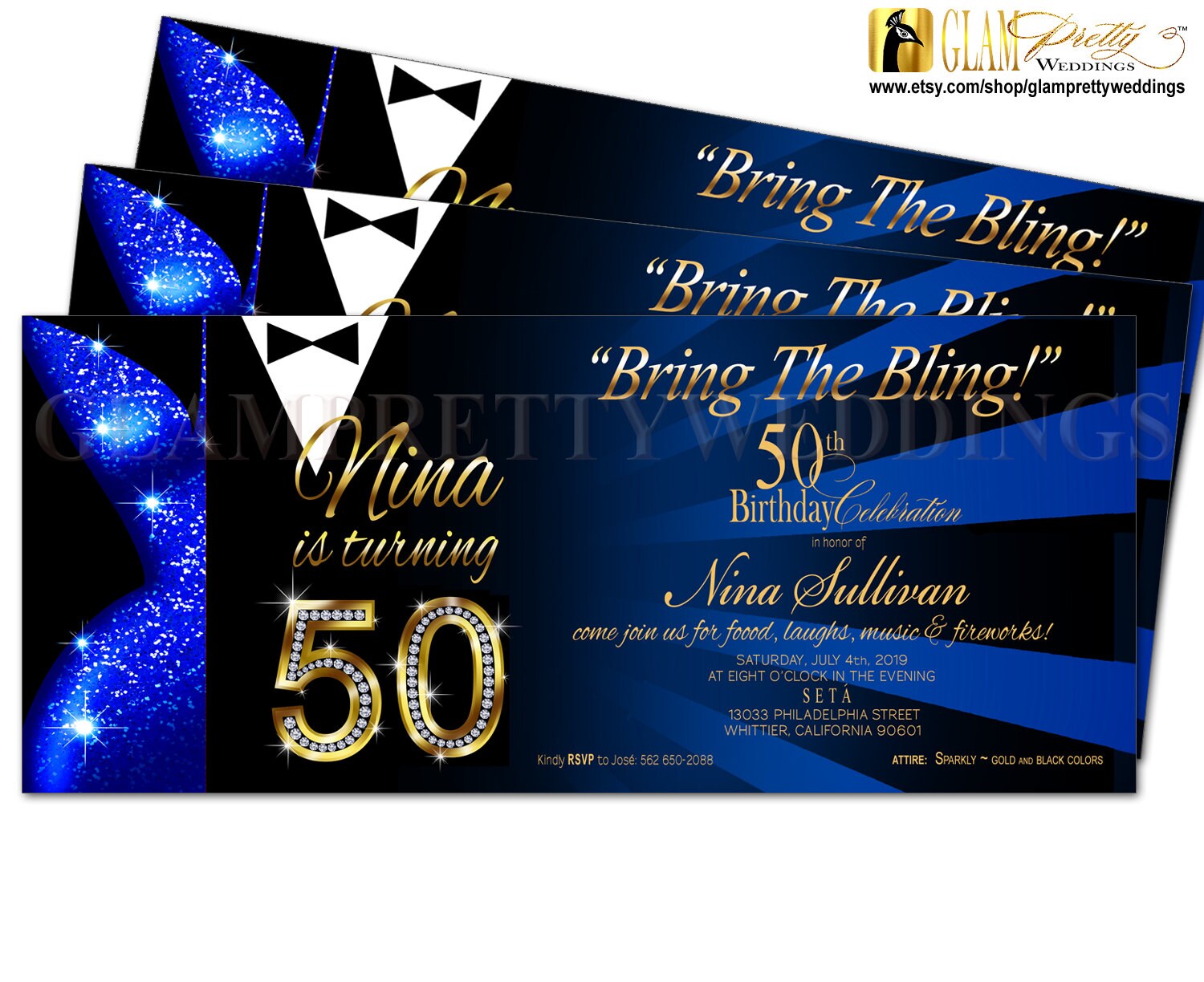 Diamond Sparkle 50th Birthday Invite Cobalt Blue Gold Black Bring the Bling  Black Tie Party Printable or Printed Style Name: LESLIE - Etsy