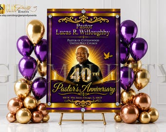 Pastor Appreciation Welcome Sign, Pastoral Anniversary, Purple Gold Pastor Banquet Sign, Church Bishop Celebration poster - Style: PASTOR