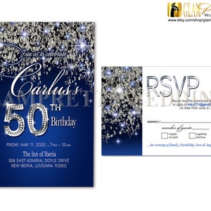 Navy and Silver 50th Birthday Invite & rsvp card - Glitter Diamond Numbers Sparkle Bling - PRINTABLE - Style Name: ALICIA