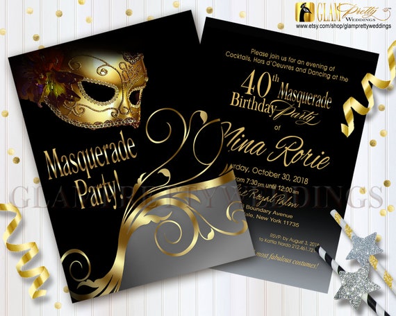 40th Birthday Masquerade Invitation Masked Costume Ball Gold Etsy 40th Birthday Masquerade Invitation Masked Costume Ball Gold Etsy