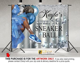 Artwork for Sweet 16 Tutu Sneaker Ball Backdrop, Blue Silver Balloons Diamonds Any Age Birthday, 10ft x 8ft Backdrop - Style: LARISA Tutu
