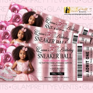 Pretty Pink Sneaker Ball Girl's 5th Birthday Ticket Style Invite - Pink Girl Bling Bedazzled Sneakers  - Choose your colors - Name: QUINN