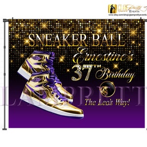 Purple and Gold Sneaker Ball Backdrop for Birthdays, Proms, Class Reunions, Graduations, Any Event - 10x8ft Backdrop - Style: DaVONTE