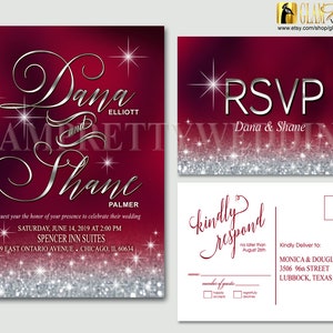 Red Burgundy Silver Diamond Dust Glitter Wedding Invitation & Rsvp Postcard Glitz Bling Marsala - Printable or Printed - Style Name: CELIA