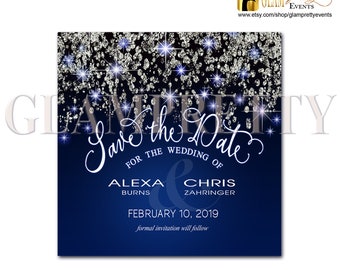 Navy Royal Blue Silver Glitter Save the Date - Diamond Dust Glam Silver Sparkle Glitter - Printable or Printed - Style Name: ALICIA