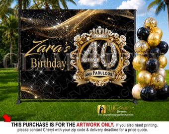 40th Birthday Backdrop, Black & Gold 10ftx8ft backdrop, Golden Anniversary, 40 and Fabulous, Diamonds, Event Party Décor - Style: EMBLEM