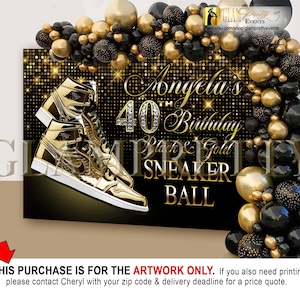 Black and Gold Sneaker Ball Backdrop - Artwork for Any Age Birthday Sneaker Gala Backdrop - 10ft wide x 8ft high - Style Name: DaVONTE