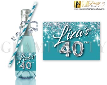 Teal and Silver Printable 40th Birthday mini sparkling wine bottle label - silver diamond numbers - Choose Your Colors - Style Name: LIZA