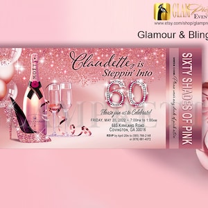60 Shades of Pink Bling Birthday Invitation - Stepping into 60 Pink Glitter High Heels - Champagne Balloons - PRINTABLE - Style: CHANDRA