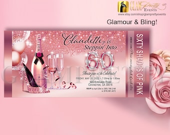 May include: A pink and rose gold invitation for a 60th birthday party. The design features a champagne bottle, glasses, and a high-heeled shoe. Text reads "Claudette is Steppin' Into 60" and "Sixty Shades of Pink".