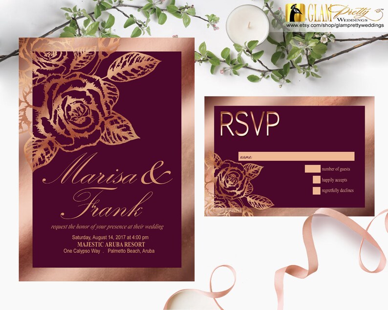 Marsala Rose Gold Wedding Invitation with RSVP card