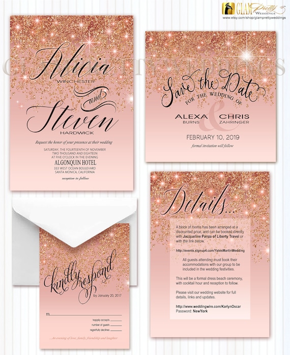 CELIA Style Name Printable or Printed Gold Burgundy Diamond Dust Glitter Ombre Wedding Invitation /& Rsvp Postcard Glitz Bling Marsala