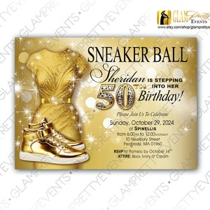 50th Birthday Sneaker Ball invitation - Gold Glitz Bling Glitter Dress & Gold Metallic Sneakers - Printable or Printed - Style Name: SHERI
