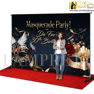 Artwork for Black & Gold Masquerade Birthday Backdrop - 10ft wide x 8ft high Venetian Mask Banner - PRINTABLE - Style Name: KARIS