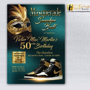 Masquerade Sneaker Ball Teal, Turquoise and Gold Birthday Invitation - Masquerade Sneaker Gala flyer - PRINTABLE or Text-Ready - Style: MAX