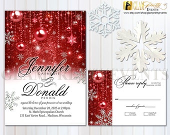 Winter Wedding Invitation and RSVP card - Red & Silver Glitter Sparkle Snowflakes - Printable or Printed - Style Name: JENNIFER