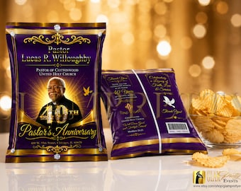 Pastor Appreciation Chip Bag Party Favor, Pastoral Anniversary, Purple Gold Pastor Church Bishop Celebration Event Décor  - Style: PASTOR