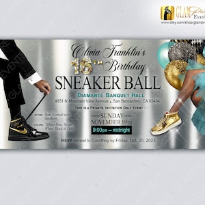 Sweet 16 Tutu Balloons Sneaker Ball Invitation, Aqua Blue Black Gold Silver Any Age Birthday, Sneaker Prom, Gala Event Flyer - Style: LARISA