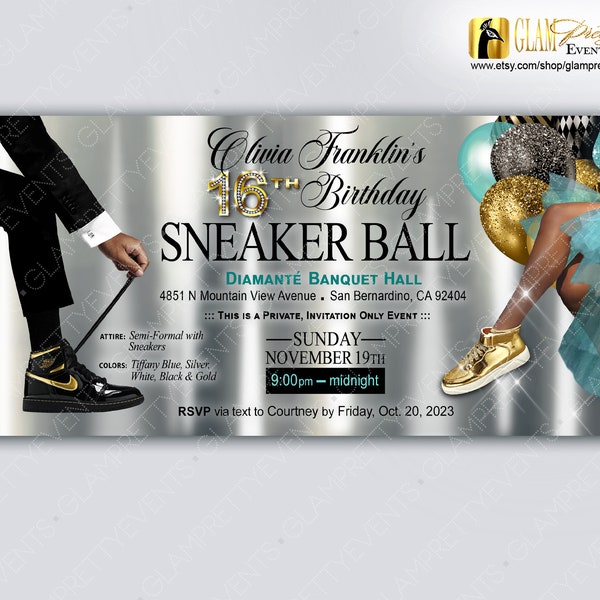 Sweet 16 Tutu Balloons Sneaker Ball Invitation, Aqua Blue Black Gold Silver Any Age Birthday, Sneaker Prom, Gala Event Flyer - Style: LARISA