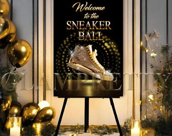 Gold Black Rhinestone Sneaker Ball welcome sign - Artwork for Birthday Sneaker Gala 24" wide x 36" high welcome sign - Style Name: HALO